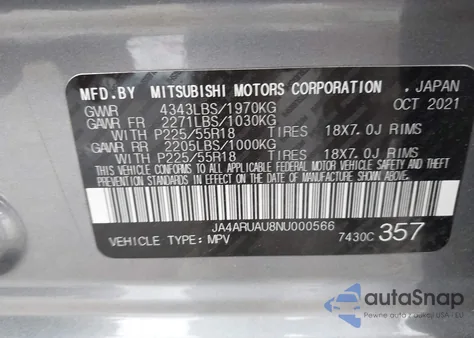 2022 Mitsubishi Outlander Sport 2.0 Be Awc/2.0 Es Awc/2.0 Le Awc/2.0 Se Awc/2.0 Se Special Edition Awc from USA, damaged, VIN JA4ARUAU8NU000566